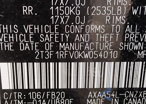 2019 Toyota Rav4 Le z USA, uszkodzony, nr VIN 2T3F1RFV0KW054010